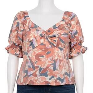 Nine West NEW Boho Floral Smocked Twist-Front Puff Sleeve Top Women's 3X Plus